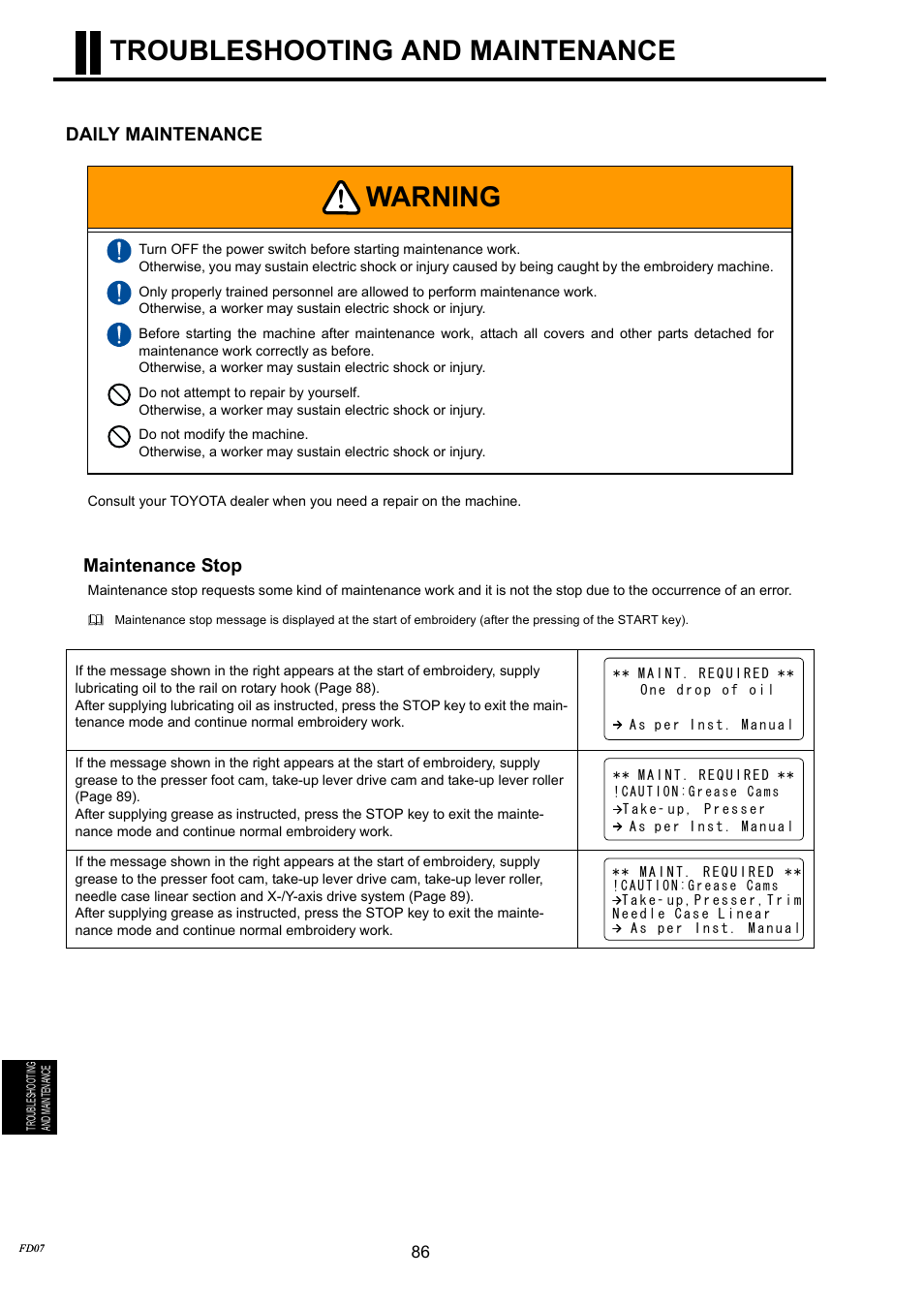 Troubleshooting and maintenance, Warning, Daily maintenance | Maintenance stop | TOYOTA EPS9000 User Manual | Page 86 / 101