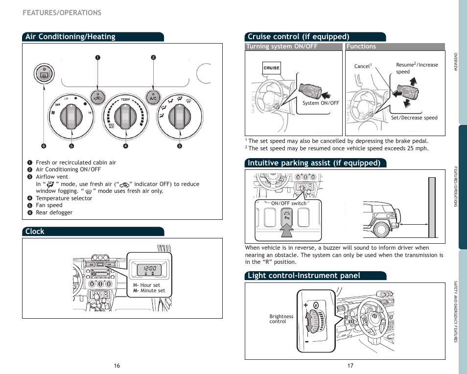 Light control-instrument panel, Clock, Air conditioning/heating | Features/operations | TOYOTA FJ Cruiser User Manual | Page 11 / 15