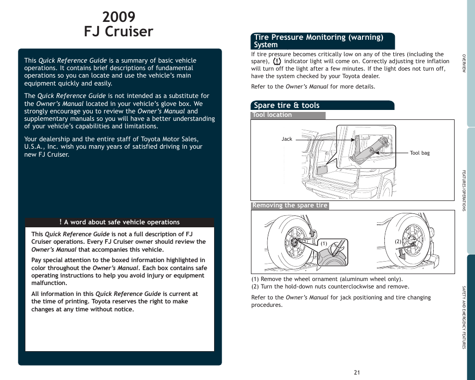 2009 fj cruiser, Spare tire & tools, Tire pressure monitoring (warning) system | TOYOTA FJ Cruiser User Manual | Page 2 / 15