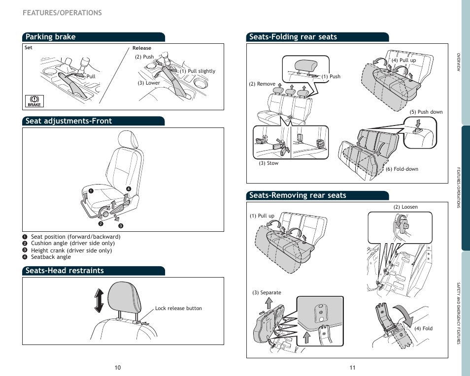 Seats-head restraints seats-folding rear seats, Seats-removing rear seats, Seat adjustments-front | Parking brake, Features/operations | TOYOTA FJ Cruiser User Manual | Page 8 / 15