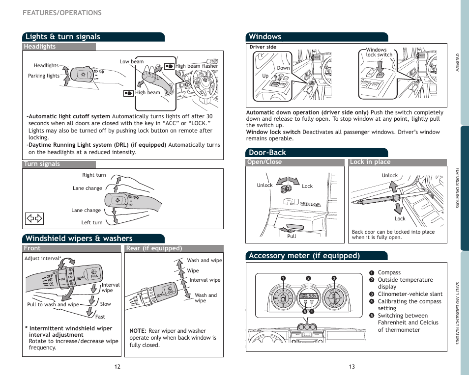 Door-back, Windshield wipers & washers, Lights & turn signals | Windows, Accessory meter (if equipped), Features/operations | TOYOTA FJ Cruiser User Manual | Page 9 / 15