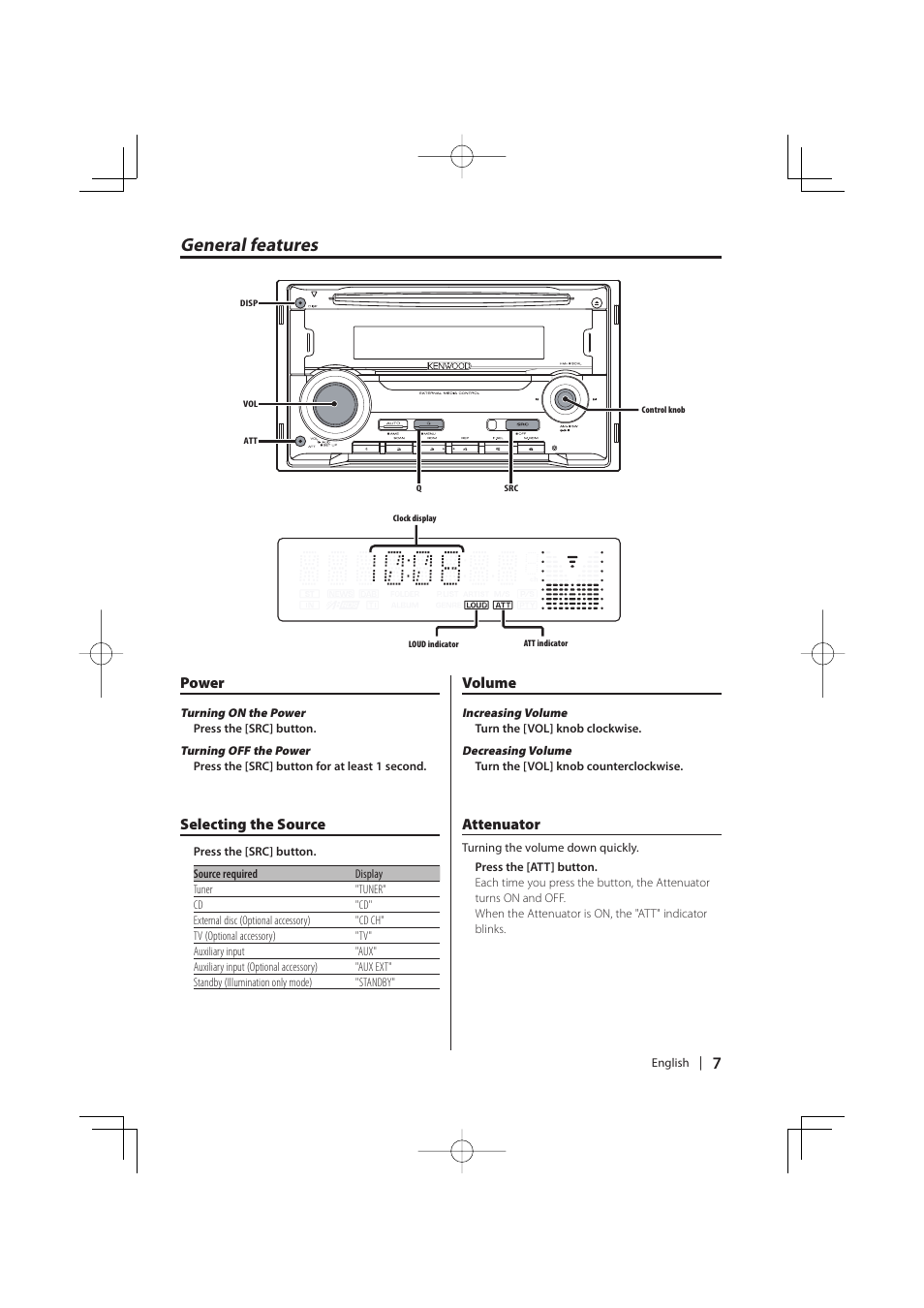 General features, Power, Selecting the source | Volume, Attenuator | TOYOTA 86120-YZA59 User Manual | Page 7 / 36