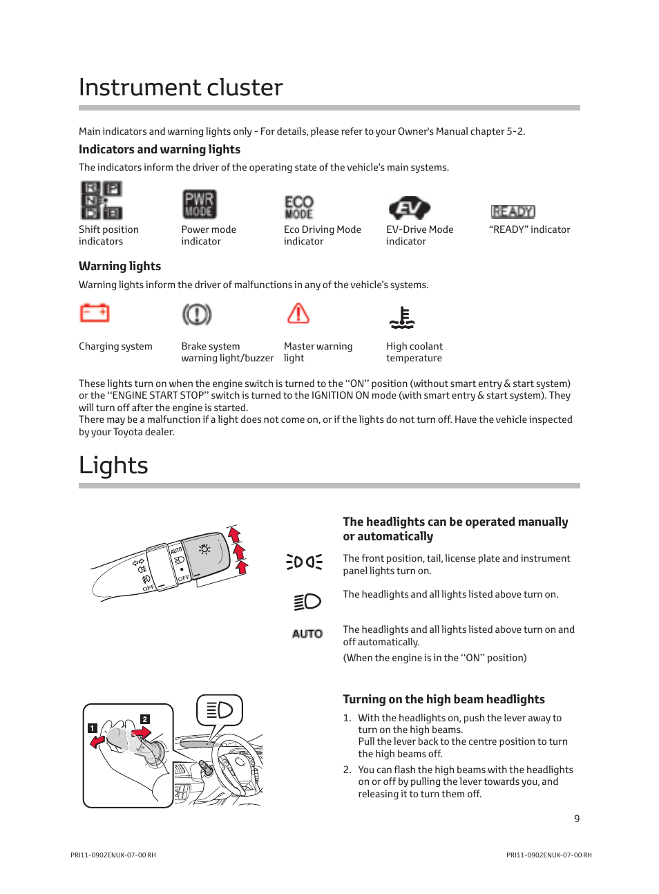 Instrument cluster, Lights | TOYOTA PRIUS PRI11-0902ENUK-07-00 User Manual | Page 11 / 20