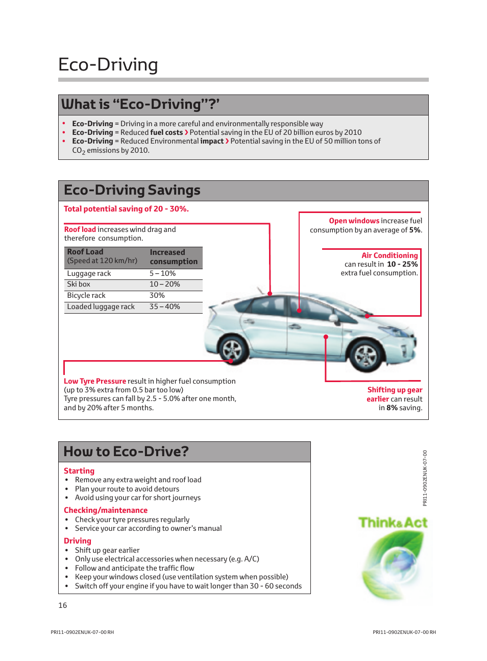 Eco-driving, What is ‘‘eco-driving, How to eco-drive | Eco-driving savings | TOYOTA PRIUS PRI11-0902ENUK-07-00 User Manual | Page 18 / 20