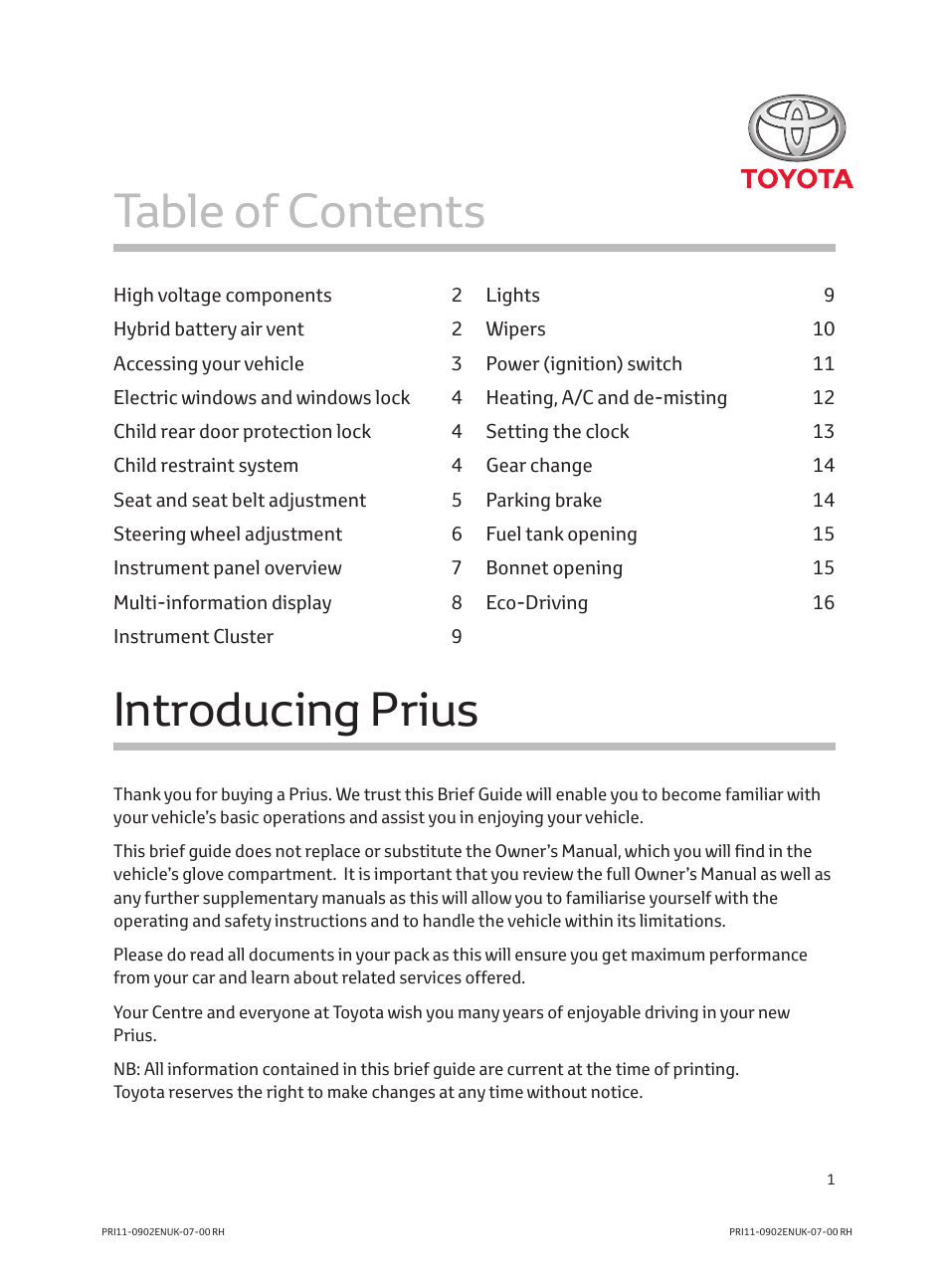 TOYOTA PRIUS PRI11-0902ENUK-07-00 User Manual | Page 3 / 20