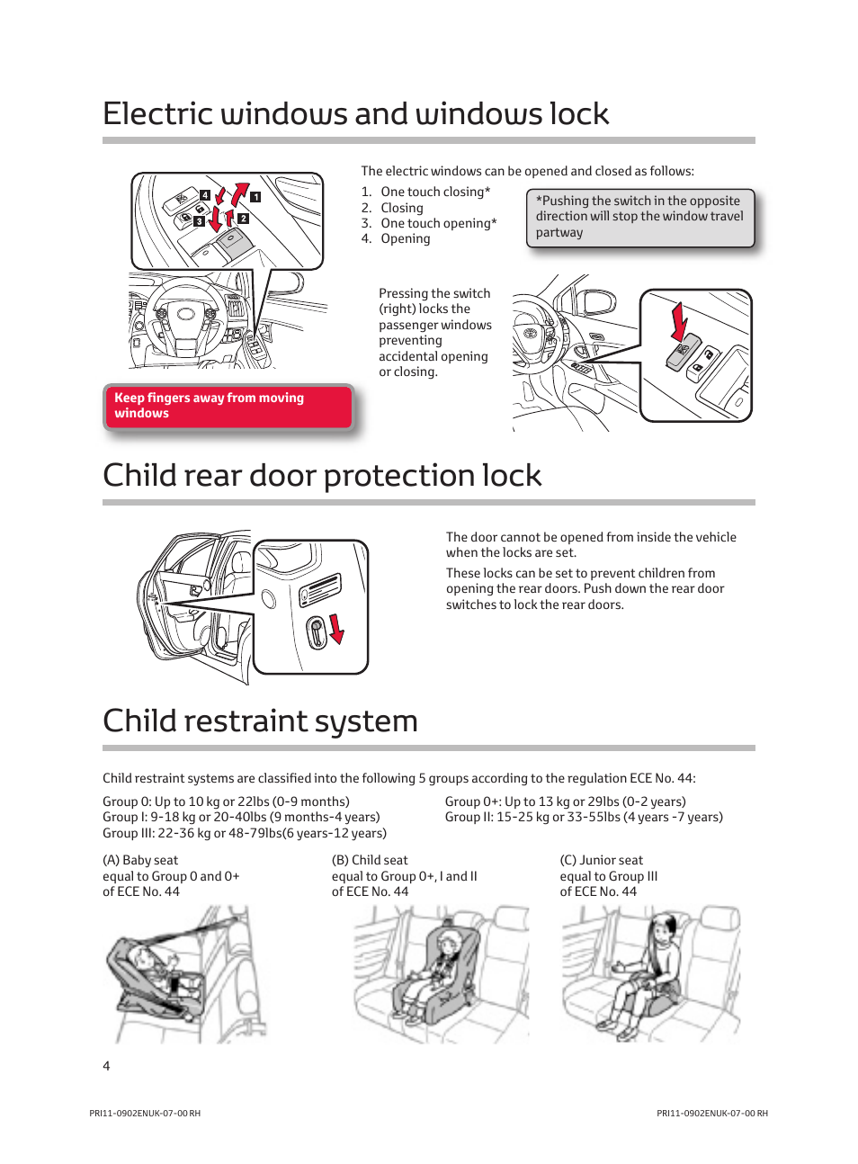 Child rear door protection lock, Child restraint system, Electric windows and windows lock | TOYOTA PRIUS PRI11-0902ENUK-07-00 User Manual | Page 6 / 20