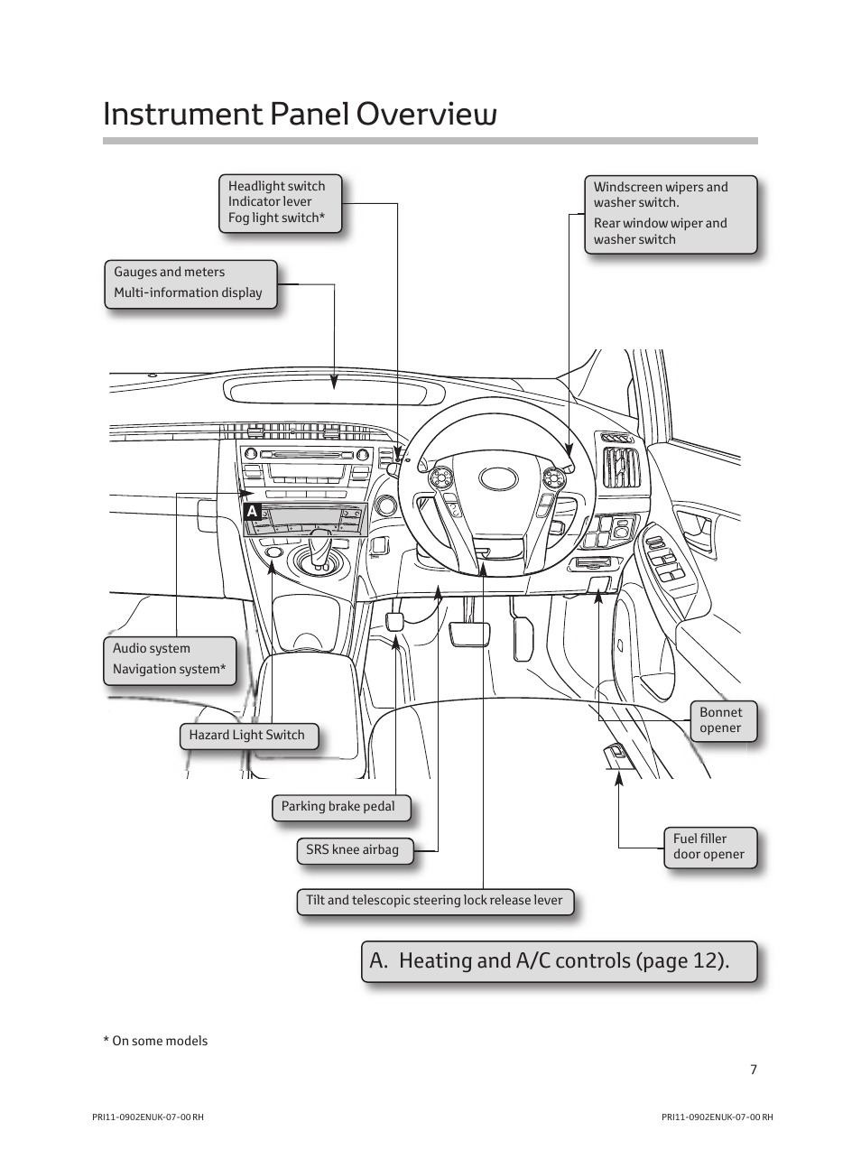 Instrument panel overview, A. heating and a/c controls (page 12) | TOYOTA PRIUS PRI11-0902ENUK-07-00 User Manual | Page 9 / 20