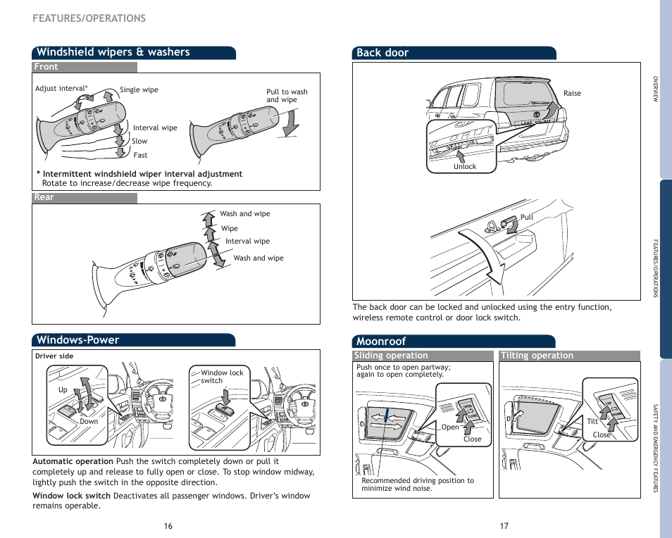 Windshield wipers & washers, Moonroof, Back door | Windows-power, Features/operations, Front rear, Sliding operation tilting operation | TOYOTA 2009 Land Cruiser User Manual | Page 11 / 19