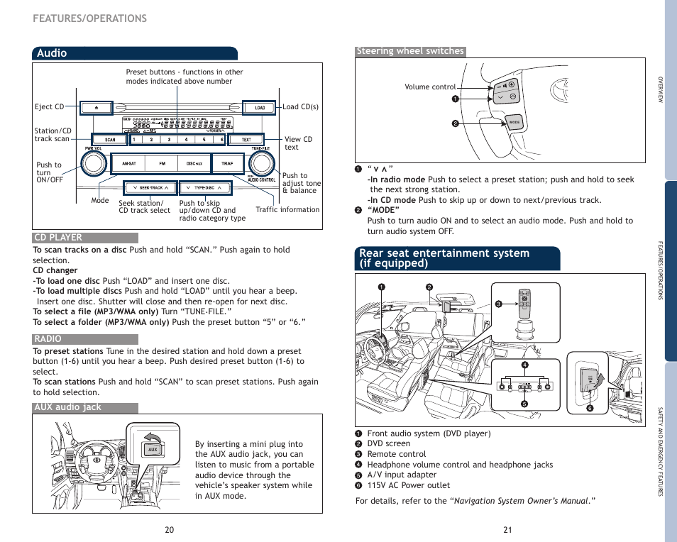 Audio, Rear seat entertainment system (if equipped), Features/operations | Phone vol phone video mono l vol r | TOYOTA 2009 Land Cruiser User Manual | Page 13 / 19