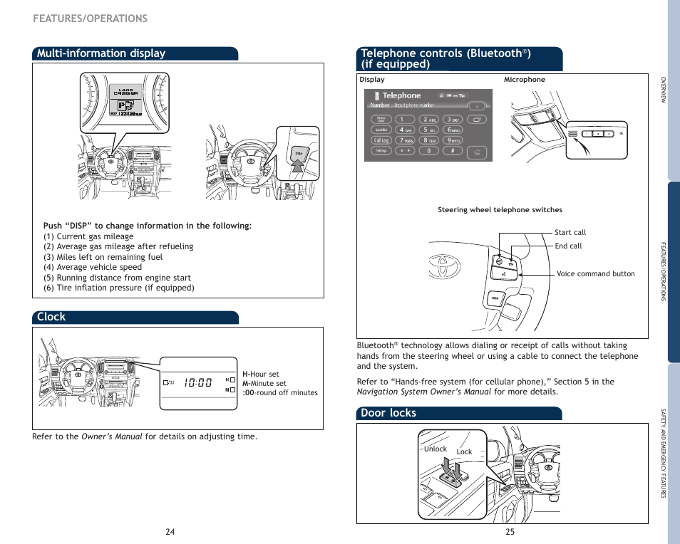 Multi-information display, Clock, Telephone controls (bluetooth | If equipped), Door locks, Features/operations | TOYOTA 2009 Land Cruiser User Manual | Page 15 / 19