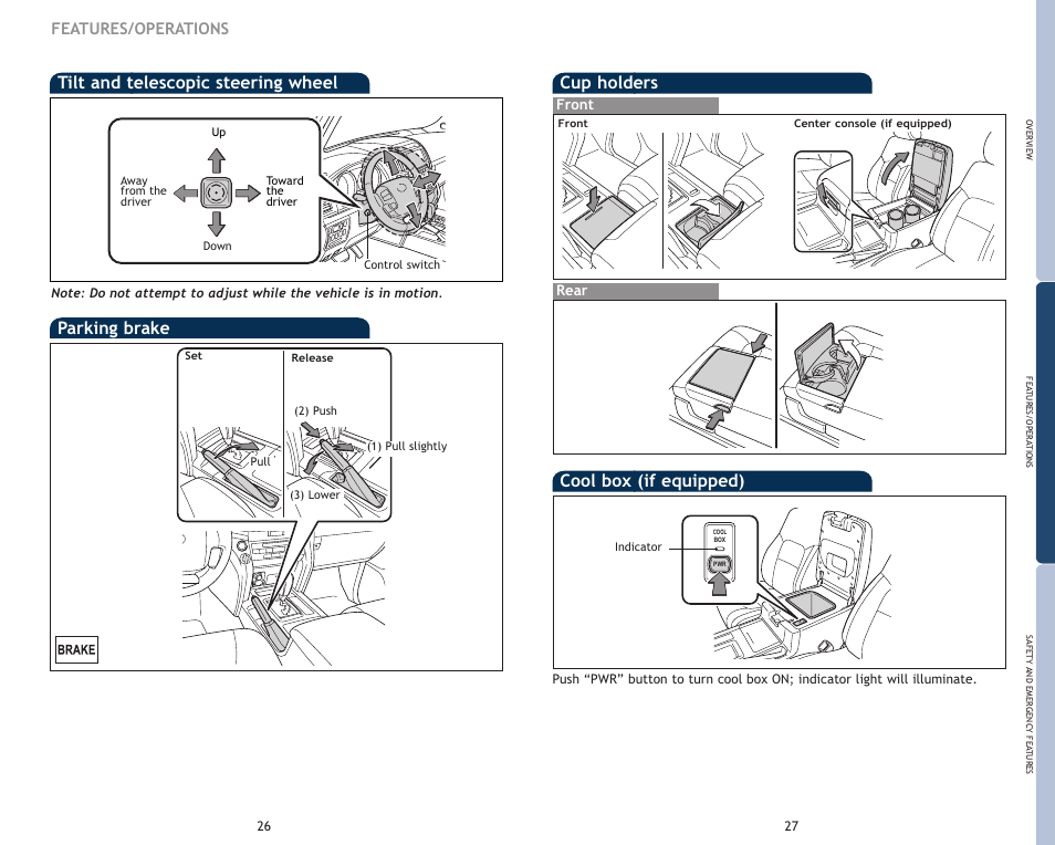 Cup holders, Parking brake, Tilt and telescopic steering wheel | Cool box (if equipped), Features/operations, Front rear | TOYOTA 2009 Land Cruiser User Manual | Page 16 / 19