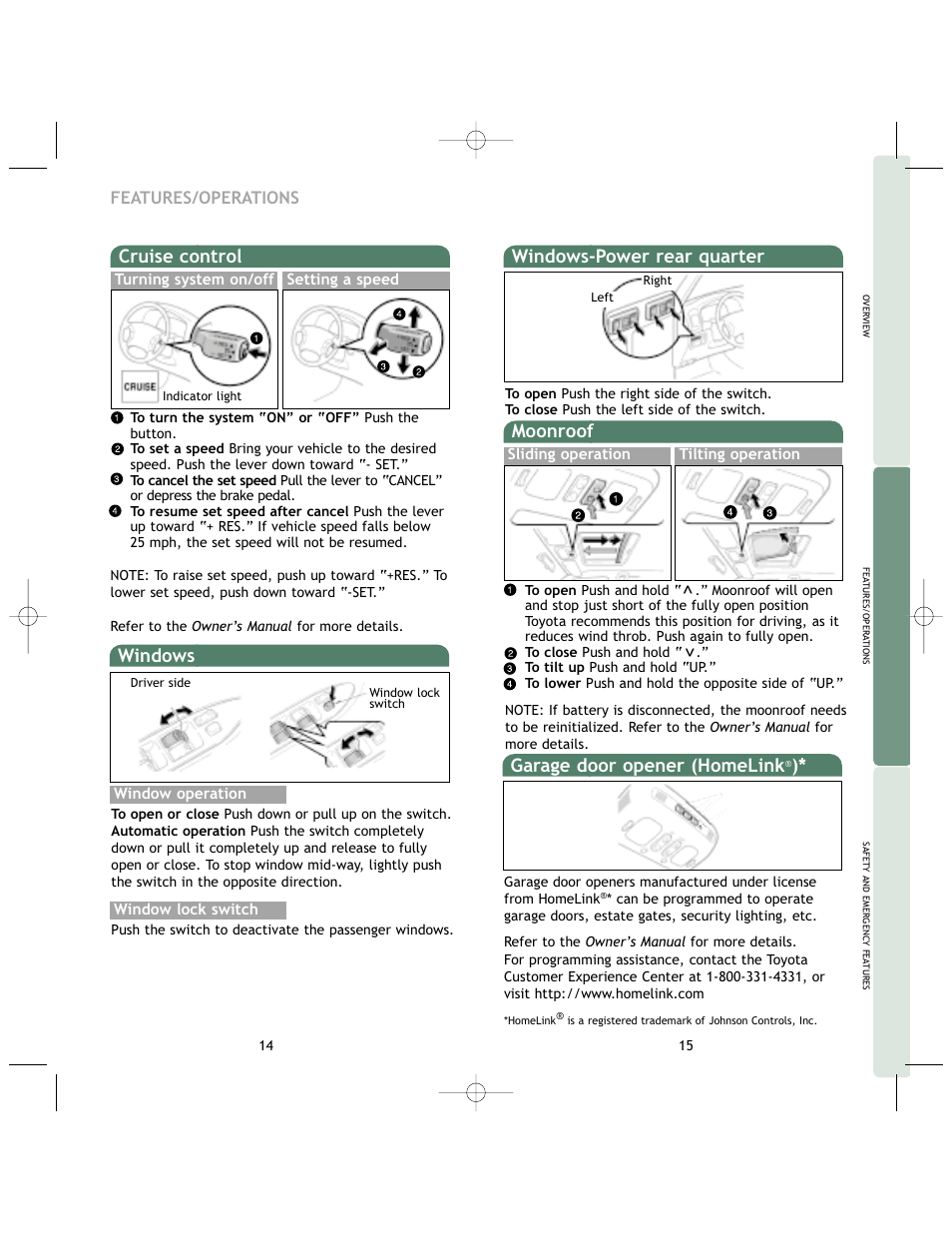 Windows-power rear quarter, Moonroof, Garage door opener (homelink | Cruise control windows, Features/operations | TOYOTA 2005 User Manual | Page 10 / 17