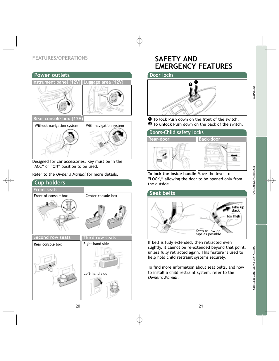 Safety and emergency features, Doors-child safety locks, Seat belts | Door locks, Cup holders, Power outlets, Features/operations | TOYOTA 2005 User Manual | Page 13 / 17