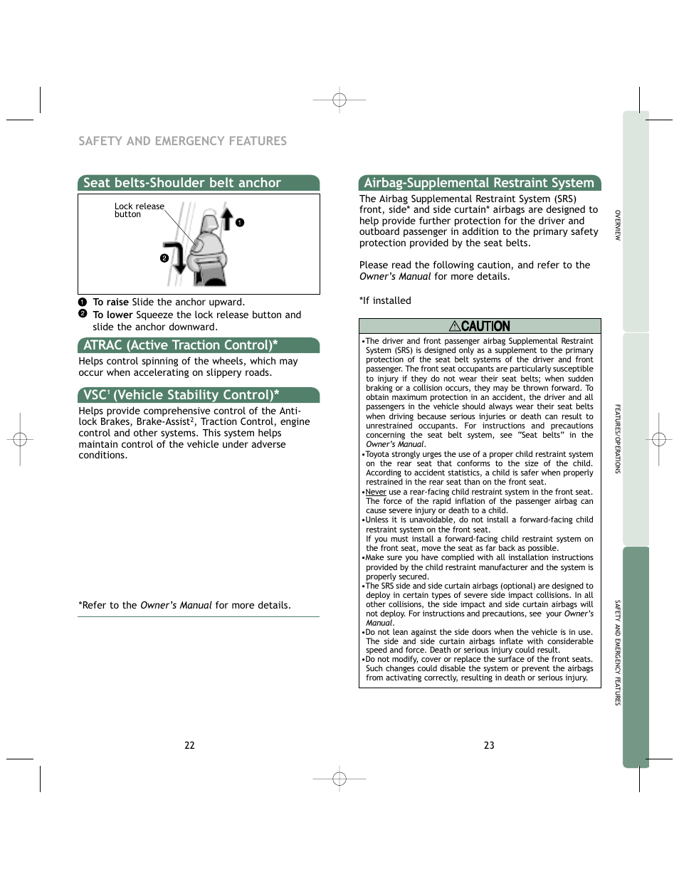 Airbag-supplemental restraint system, Seat belts-shoulder belt anchor, Atrac (active traction control) | Vehicle stability control), Safety and emergency features | TOYOTA 2005 User Manual | Page 14 / 17