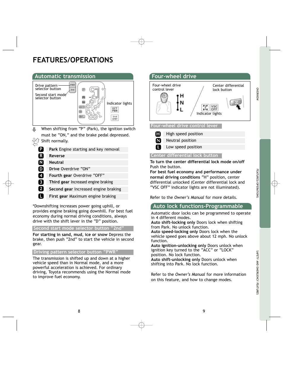 Features/operations, Four-wheel drive, Auto lock functions-programmable | Automatic transmission | TOYOTA 2005 User Manual | Page 7 / 17