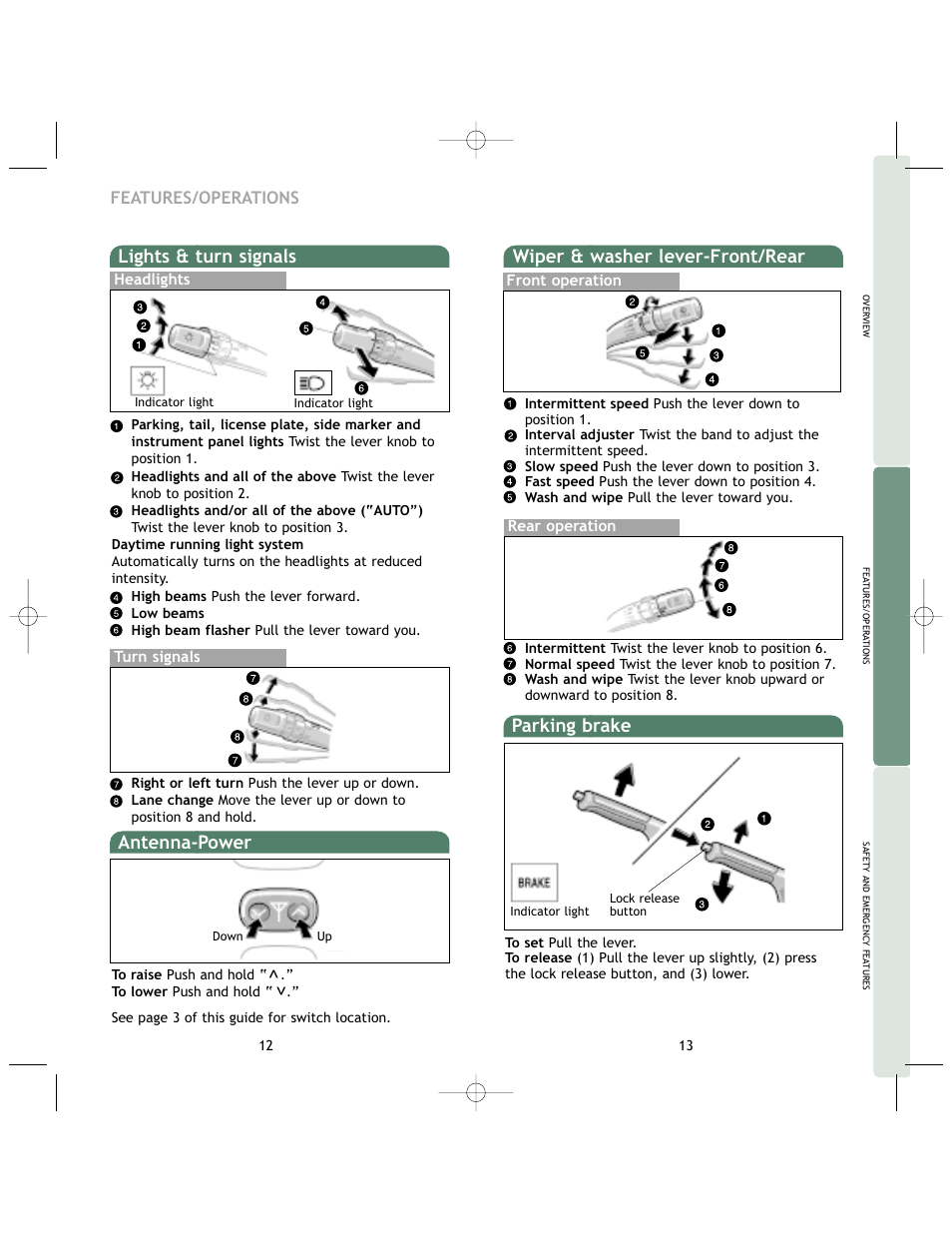 Parking brake, Wiper & washer lever-front/rear, Lights & turn signals | Antenna-power, Features/operations | TOYOTA 2005 User Manual | Page 9 / 17