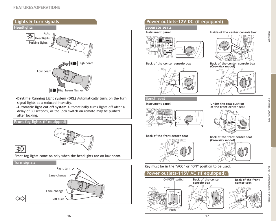 Power outlets-12v dc (if equipped), Power outlets-115v ac (if equipped), Lights & turn signals | Features/operations, Separate seats bench seat, Turn signals headlights, Front fog lights (if equipped) | TOYOTA 2009 Tundra User Manual | Page 11 / 19