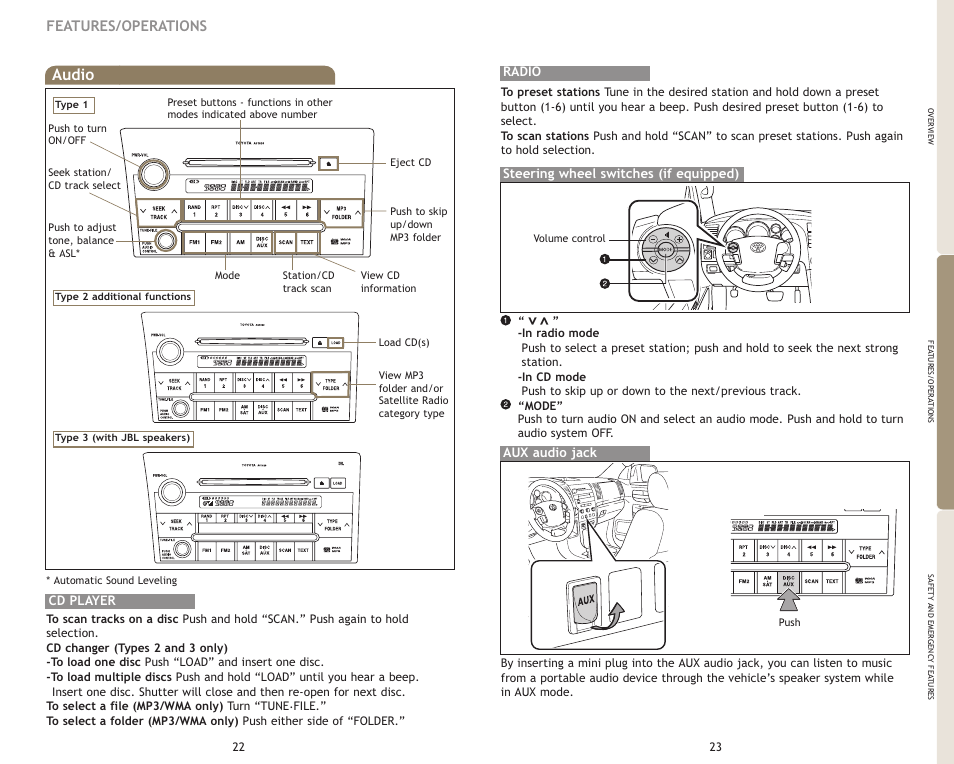 Audio, Features/operations | TOYOTA 2009 Tundra User Manual | Page 14 / 19