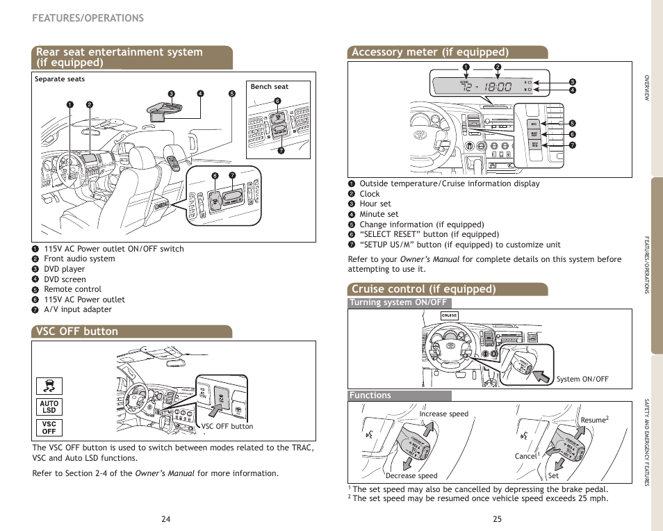 Rear seat entertainment system (if equipped), Cruise control (if equipped), Accessory meter (if equipped) | Vsc off button, Features/operations, Functions | TOYOTA 2009 Tundra User Manual | Page 15 / 19