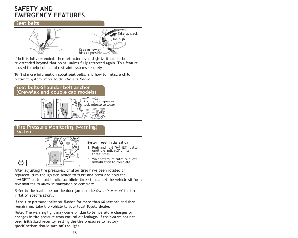 Safety and emergency features, Seat belts, Tire pressure monitoring (warning) system | TOYOTA 2009 Tundra User Manual | Page 17 / 19