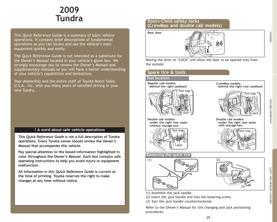 2009 tundra, Spare tire & tools | TOYOTA 2009 Tundra User Manual | Page 2 / 19