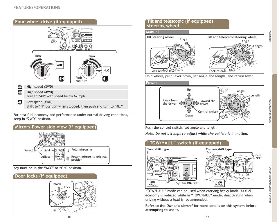Four-wheel drive (if equipped), Mirrors-power side view (if equipped), Door locks (if equipped) | Tilt and telescopic (if equipped) steering wheel, Tow/haul” switch (if equipped), Features/operations | TOYOTA 2009 Tundra User Manual | Page 8 / 19