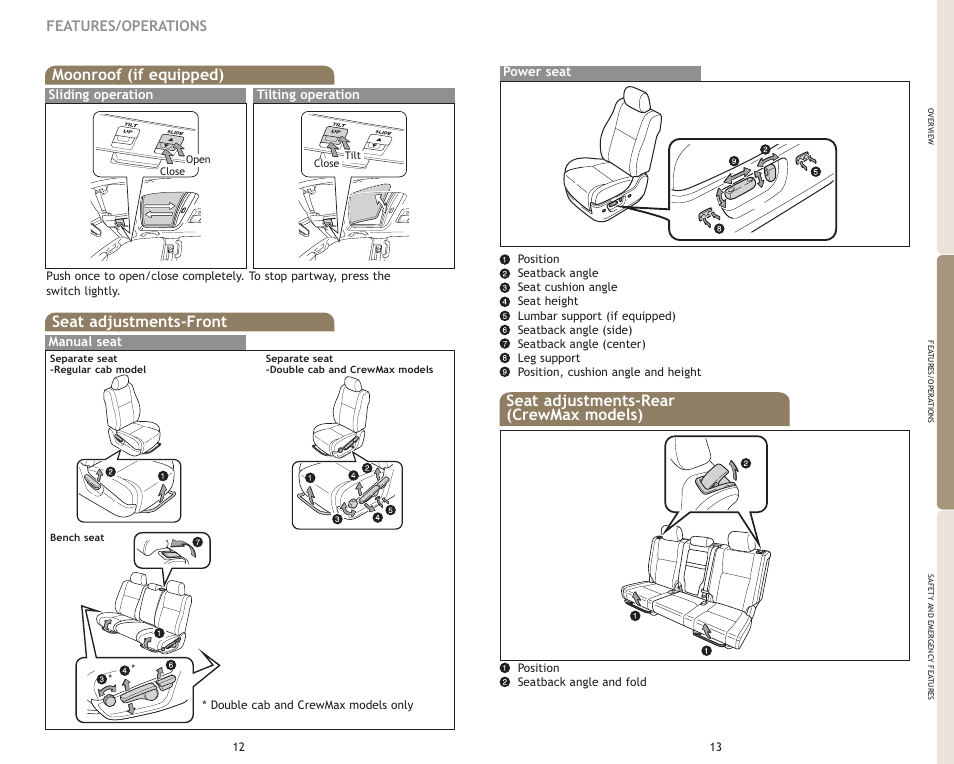 Seat adjustments-front, Moonroof (if equipped), Seat adjustments-rear (crewmax models) | Features/operations, Manual seat, Sliding operation tilting operation, Power seat | TOYOTA 2009 Tundra User Manual | Page 9 / 19