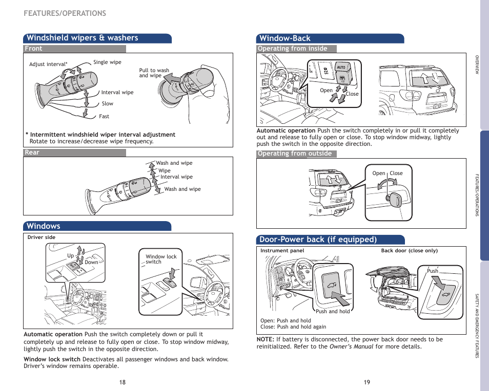 Windshield wipers & washers, Windows, Window-back | Door-power back (if equipped), Features/operations | TOYOTA 2009 Sequoia User Manual | Page 12 / 21