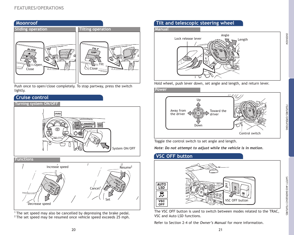 Moonroof, Cruise control, Tilt and telescopic steering wheel | Vsc off button, Features/operations, Sliding operation tilting operation, Functions, Manual, Power | TOYOTA 2009 Sequoia User Manual | Page 13 / 21