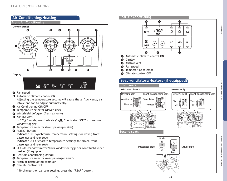 Air conditioning/heating, Seat ventilators/heaters (if equipped), Features/operations | TOYOTA 2009 Sequoia User Manual | Page 14 / 21