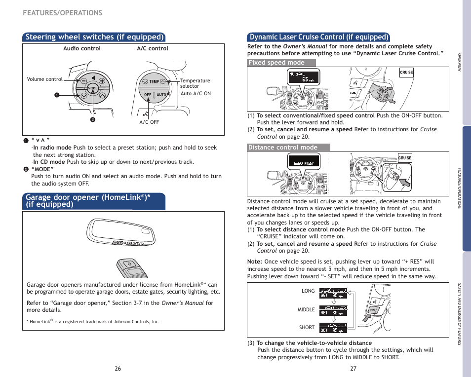 Steering wheel switches (if equipped), Garage door opener (homelink, If equipped) | Dynamic laser cruise control (if equipped), Features/operations | TOYOTA 2009 Sequoia User Manual | Page 16 / 21