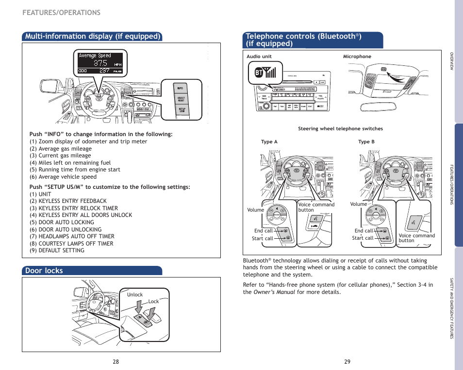 Telephone controls (bluetooth, If equipped) door locks, Multi-information display (if equipped) | Features/operations | TOYOTA 2009 Sequoia User Manual | Page 17 / 21