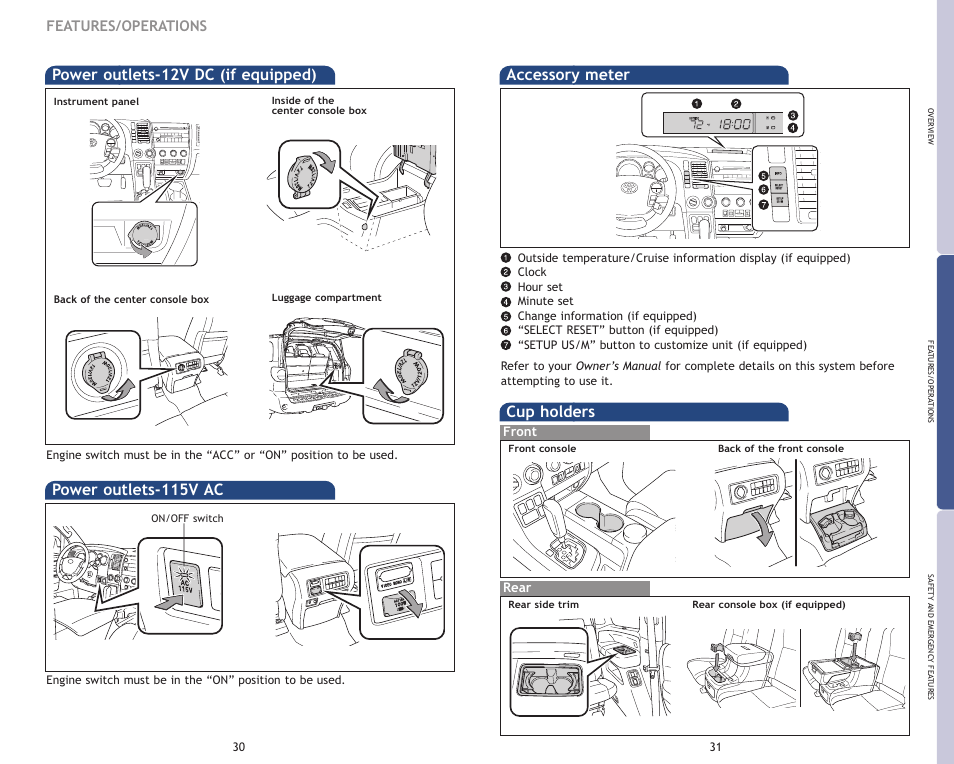 Cup holders, Power outlets-115v ac, Power outlets-12v dc (if equipped) | Accessory meter, Features/operations, Front rear | TOYOTA 2009 Sequoia User Manual | Page 18 / 21