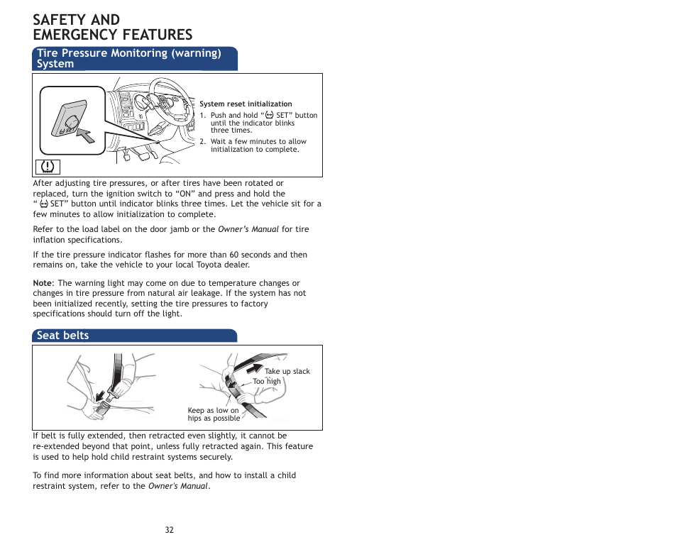 Safety and emergency features | TOYOTA 2009 Sequoia User Manual | Page 19 / 21