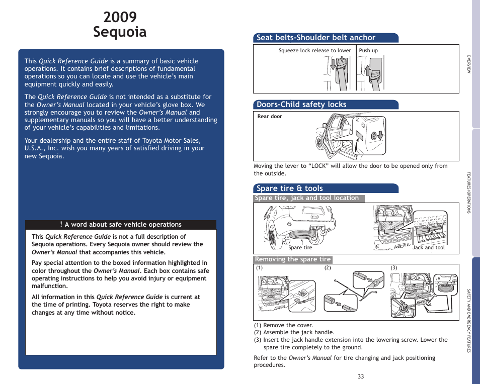 2009 sequoia, Seat belts-shoulder belt anchor, Spare tire & tools | Doors-child safety locks | TOYOTA 2009 Sequoia User Manual | Page 20 / 21