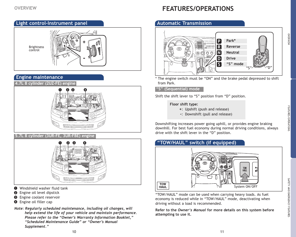 Features/operations, Engine maintenance light control-instrument panel, Automatic transmission | Tow/haul” switch (if equipped), Overview | TOYOTA 2009 Sequoia User Manual | Page 8 / 21
