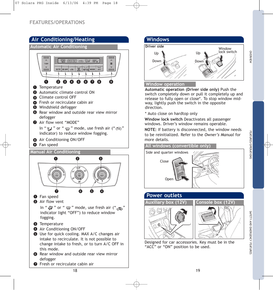 Air conditioning/heating, Power outlets, Windows | Features/operations | TOYOTA CAMRY SOLARA 00452-PRG07-SOL User Manual | Page 12 / 14