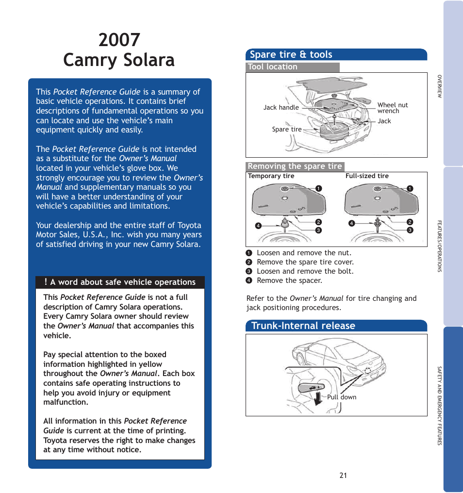 2007 camry solara, Spare tire & tools, Trunk-internal release | TOYOTA CAMRY SOLARA 00452-PRG07-SOL User Manual | Page 2 / 14