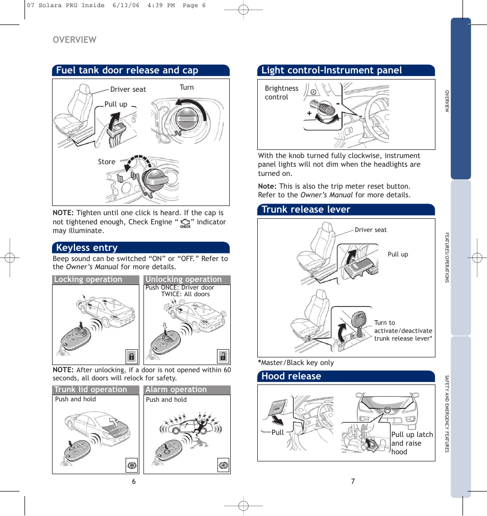 Keyless entry, Light control-instrument panel, Overview | TOYOTA CAMRY SOLARA 00452-PRG07-SOL User Manual | Page 6 / 14