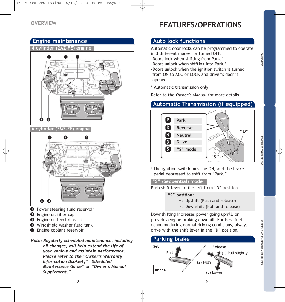 Features/operations, Engine maintenance, Automatic transmission (if equipped) | Auto lock functions, Parking brake, Overview | TOYOTA CAMRY SOLARA 00452-PRG07-SOL User Manual | Page 7 / 14