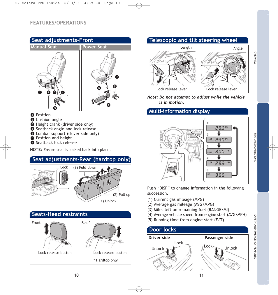 Seat adjustments-front, Seat adjustments-rear (hardtop only), Seats-head restraints | Multi-information display, Door locks, Telescopic and tilt steering wheel, Features/operations | TOYOTA CAMRY SOLARA 00452-PRG07-SOL User Manual | Page 8 / 14