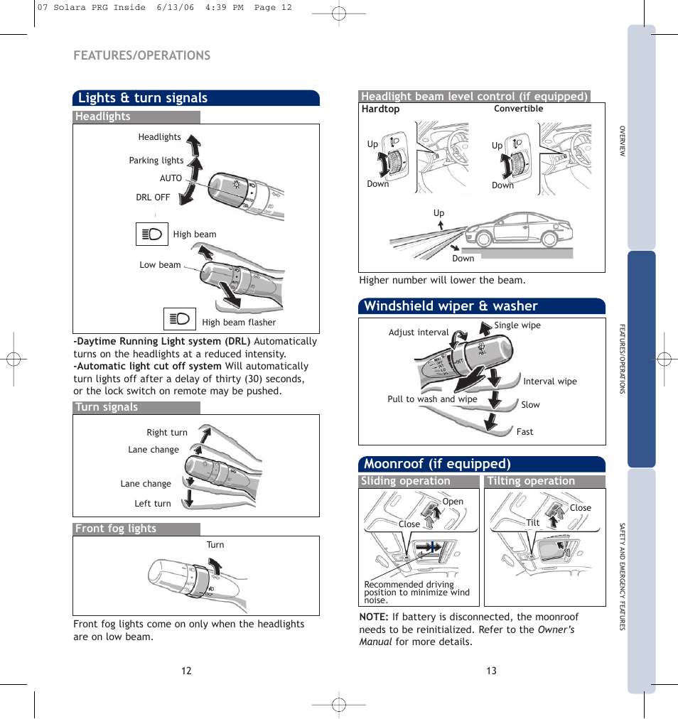 Lights & turn signals, Windshield wiper & washer, Moonroof (if equipped) | Features/operations | TOYOTA CAMRY SOLARA 00452-PRG07-SOL User Manual | Page 9 / 14