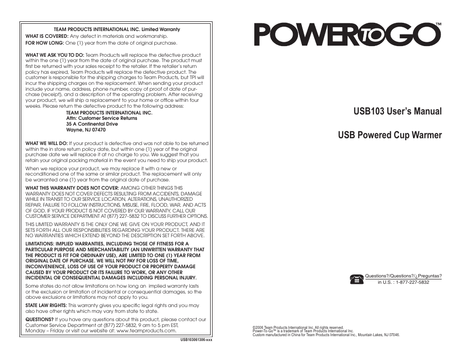 Team Products USB103 User Manual | 2 pages