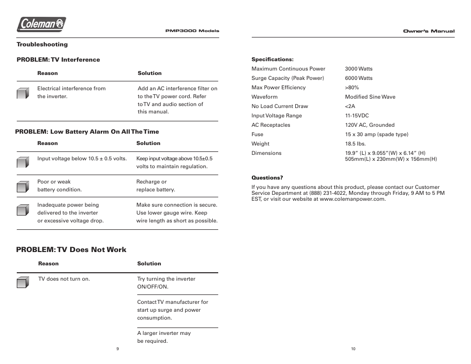 Problem: tv does not work | Team Products PMP3000 User Manual | Page 6 / 6