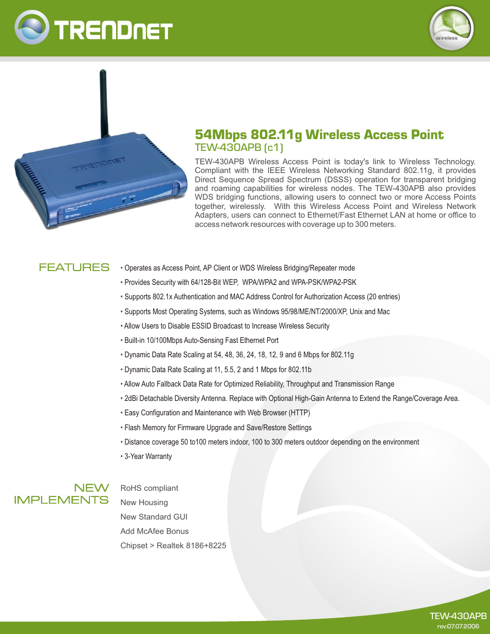 TRENDnet 54Mbps 802.11g Wireless Access Point TEW-430APB (c1) User Manual | 2 pages