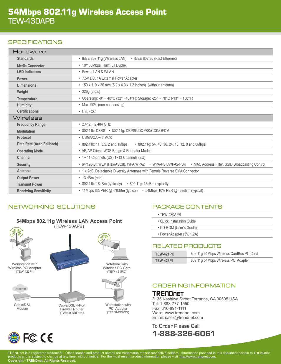 Tew-430apb, Wireless, Hardware | Related products package contents, Ordering information to order please call, Specifications networking solutions | TRENDnet 54Mbps 802.11g Wireless Access Point TEW-430APB (c1) User Manual | Page 2 / 2
