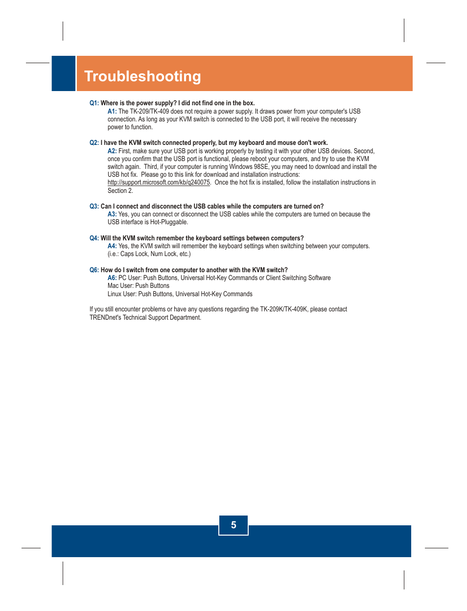 Troubleshooting | TRENDnet TK-409K User Manual | Page 7 / 11