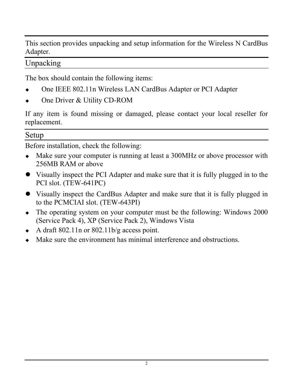 Unpacking and setup, Unpacking, Setup | TRENDnet TEW-643PI User Manual | Page 7 / 25