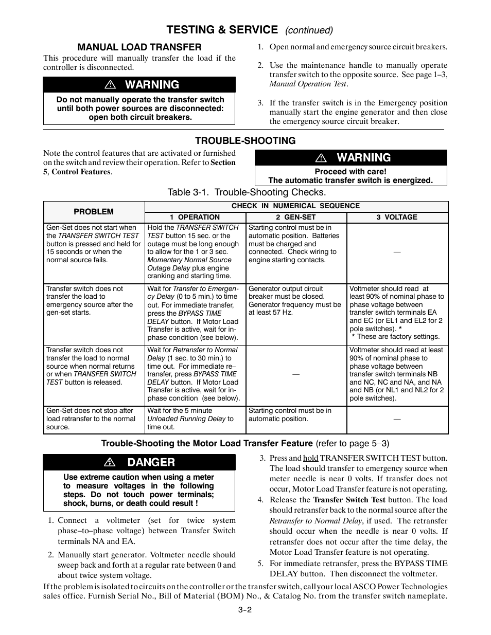Testing & service, Continued), Manual load transfer | Trouble-shooting, Table 3-1. trouble-shooting checks | TRENDnet Series 300 User Manual | Page 10 / 18