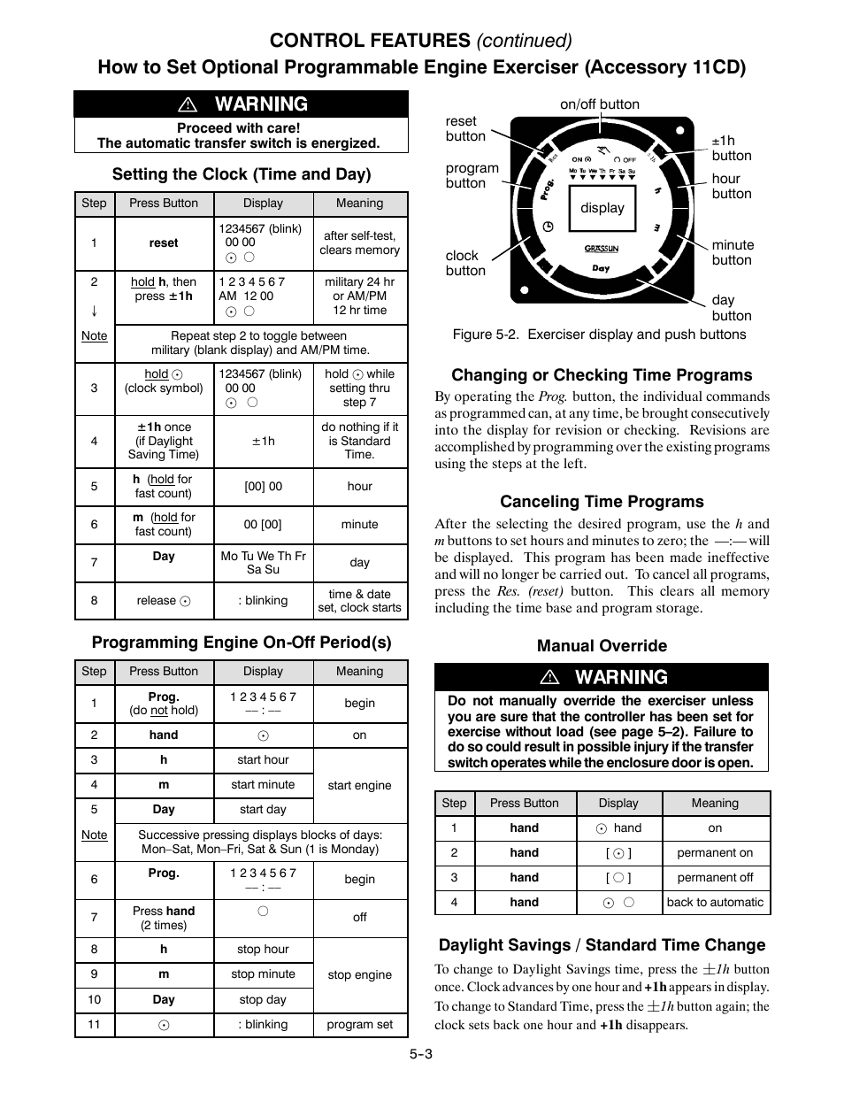 Control features (continued), Setting the clock (time and day), Programming engine on-off period(s) | Changing or checking time programs, Canceling time programs, Manual override, Daylight savings / standard time change | TRENDnet Series 300 User Manual | Page 15 / 18